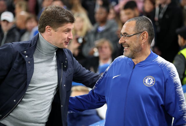 BATE manager Alyaksey Baha and Chelsea manager Maurizio Sarri