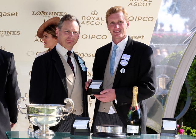 Ed Walker (right) receives his trophy after winning the Sandringham Stakes with Agrotera in 2018 