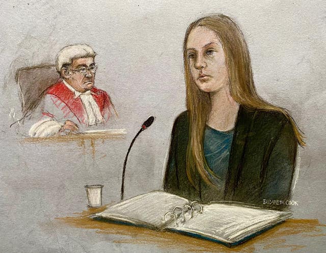 Court artist sketch of Lucy Letby in the foreground with the crown court judge in the background