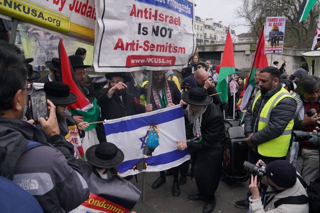 An Israeli flag was burned during a pro-Palestine march