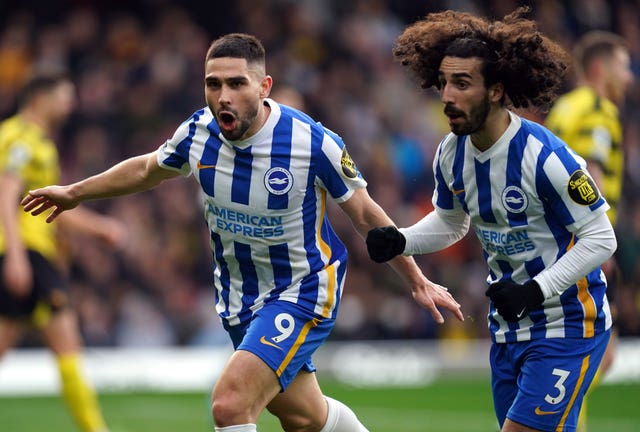 Neal Maupay, left, celebrates his goal with Marc Cucurella