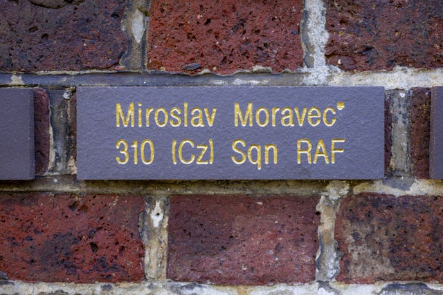The plaque honouring Normandy veteran Miroslav Moravec, a Czech pilot