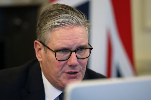 Sir Keir Starmer speaks during a Teams call
