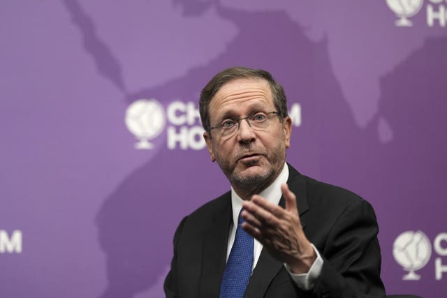 Israeli President Isaac Herzog takes part in an in-conversation event hosted by Chatham House in central London