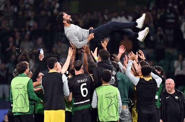 Sporting Lisbon and Ruben Amorim celebrate their win over Manchester City