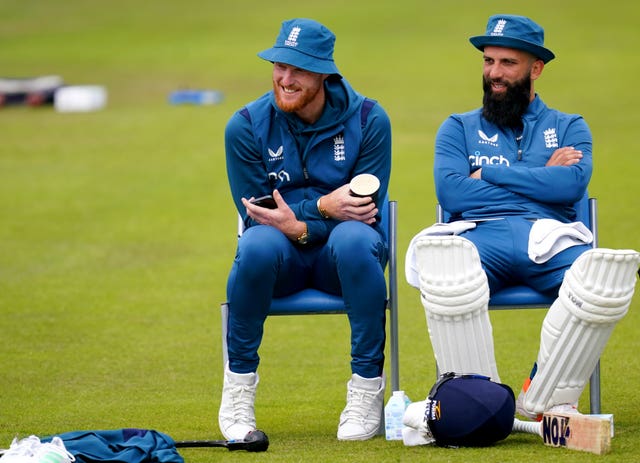 Ben Stokes, left, and Moeen Ali, right, during England training