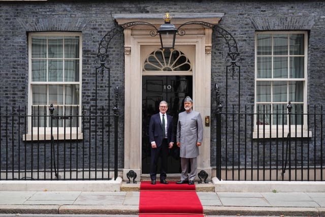 Prime Minister Sir Keir Starmer greeting the Sultan of Oman Haitham bin Tariq Al Said on the red carpet outside Number 10