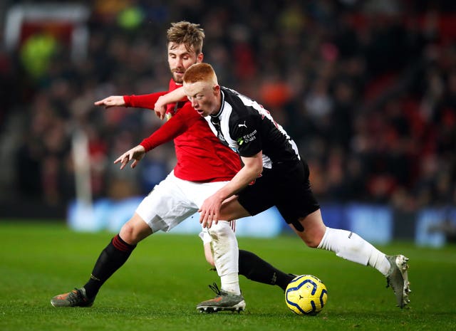 Matty Longstaff battles with Luke Shaw on Boxing Day