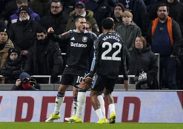 Emiliano Buendia (left) celebrates scoring Villa's opener