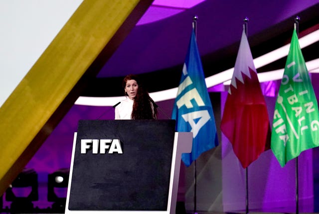 Lise Klaveness addressing the FIFA Congress in Doha earlier this year 