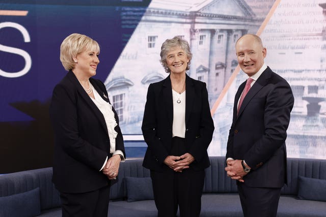 Irish presidential candidates, from left, Fine Gael’s Heather Humphreys and Independent Catherine Connolly, with Mr Gavin