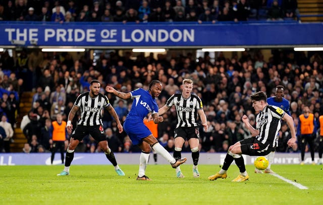 Chelsea''s Raheem Sterling, centre, has an attempt on goal against Newcastle