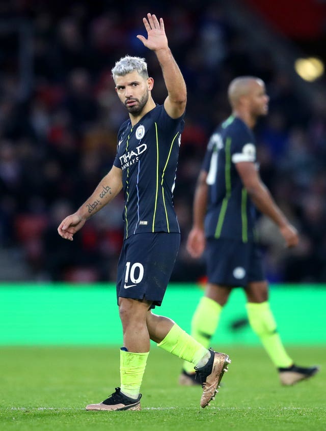 Sergio Aguero waves to supporters after scoring in Manchester City's 3-1 at Southampton. City's victory takes them back to second in the Premier League table