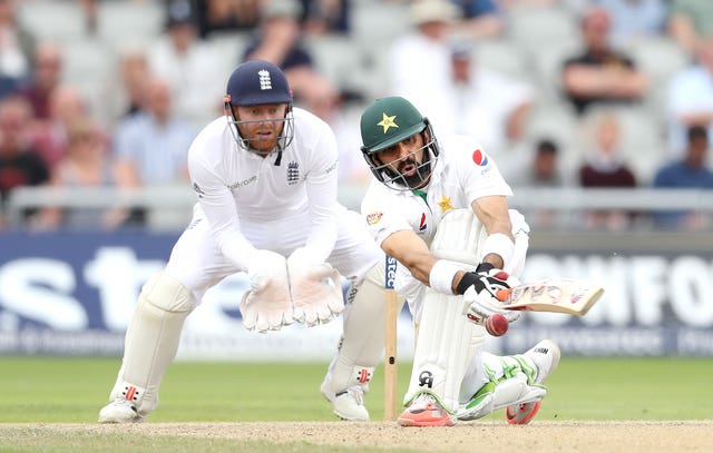 Pakistan’s Misbah-ul-Haq attempts a sweep against England at Old Trafford