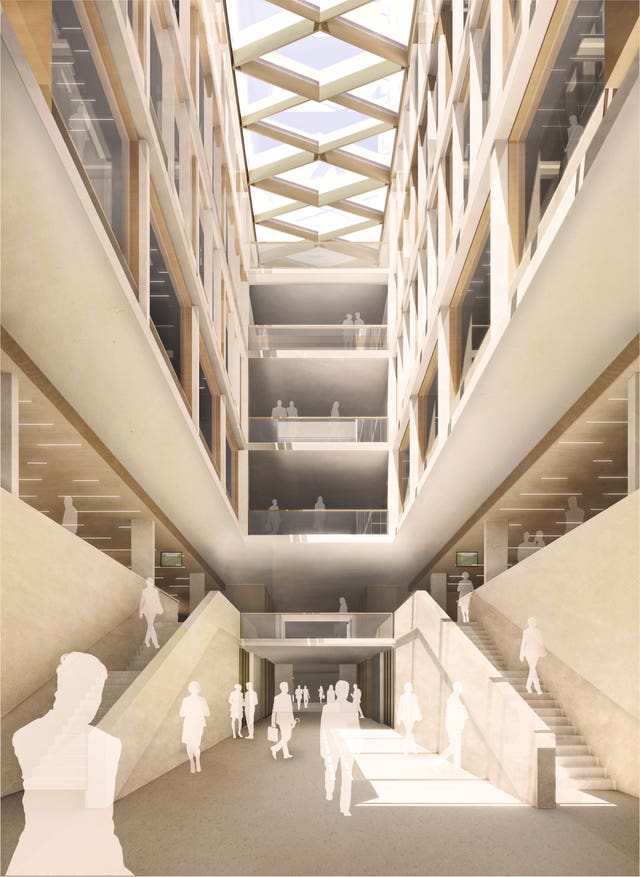 Artist impression issued by UK Parliament of a triple-height Central Lobby, one of a number of open spaces which will transform transform access for people with disabilities who work in and visit the Northern Estate 