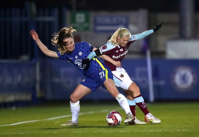 Chelsea and West Ham in Women's Super League action on Wednesday night (Simon Marper/PA).