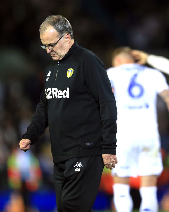 Leeds manager Marcelo Bielsa is dejected after defeat to Derby