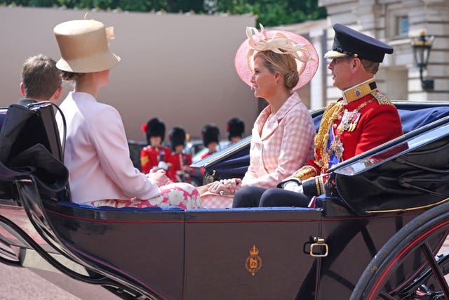 The Earl and Countess of Wessex, Viscount Severn and Lady Louise Windsor leave Buckingham Palace for the Trooping the Colour ceremony at Horse Guards Parade, central London