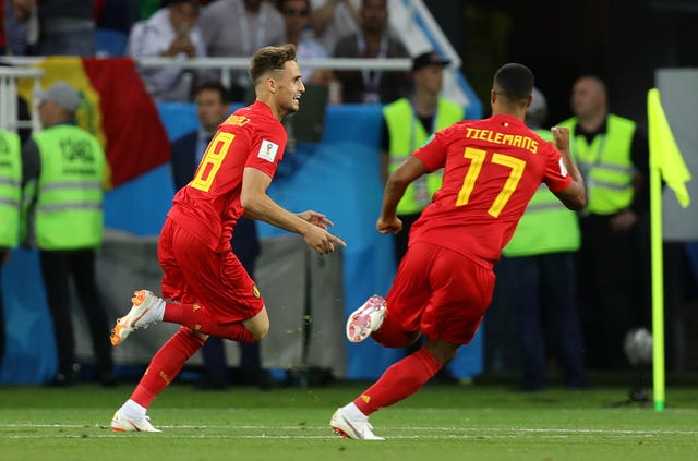 Belgium's Adnan Januzaj, left, celebrates scoring against England