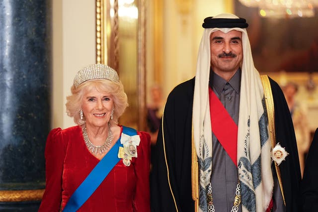 Queen Camilla with the Emir of Qatar Sheikh Tamim bin Hamad Al Thani ahead of a state banquet at Buckingham Palace