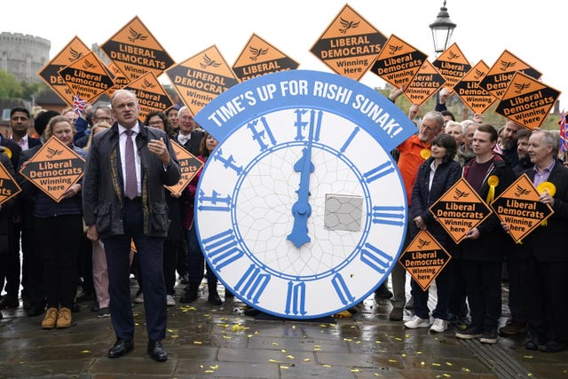 Liberal Democrat leader Sir Ed Davey celebrates with campaigners after his party won control of Windsor and Maidenhead Borough Council from the Conservatives in the local elections