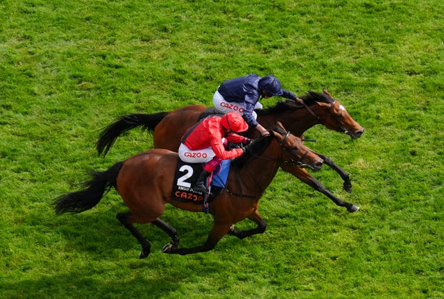 Emily Upjohn, here ridden by jockey Frankie Dettori when narrowly denied in the 2022 Cazoo Oaks 