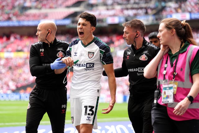 Sunderland’s Luke O’Nien receives treatment for a shoulder injury during the Sky Bet Championship play-off final at Wembley
