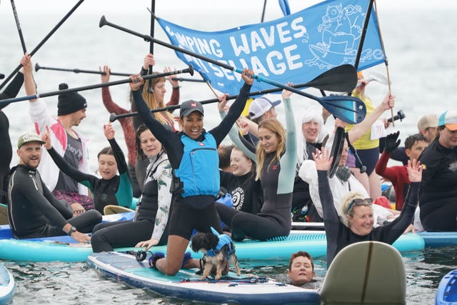 Olympian and keen paddle-boarder Dame Kelly Holmes during a Surfers Against Sewage paddle-out protest in Brighton