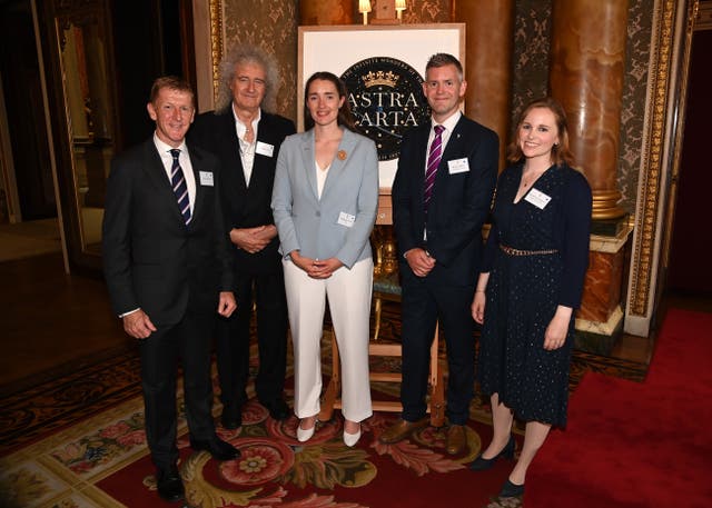 British astronaut Major Tim Peake, astrophysicist and musician Sir Brian May, British astronauts in training Rosemary Coogan, John McFall and Australian astronaut reserve Meganne Christian during a space sustainability event at Buckingham Palace, London, with representatives from the UK Space Agency, the European Space Agency, NASA, and other international space agencies in June 2023