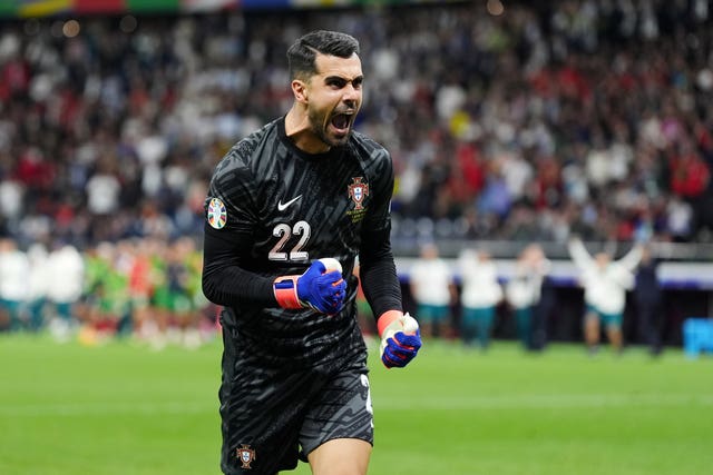 Portugal goalkeeper Diego Costa celebrates saving a penalty in a shoot-out at Euro 2024