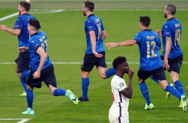 England's dream ended in penalty shoot-out agony after Bukayo Saka (foreground) missed the crucial kick