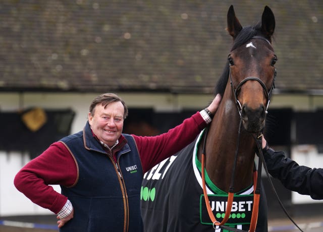 Trainer Nicky Henderson and Marie’s Rock during a visit to Nicky Henderson’s stables at Seven Barrows in Lambourn 