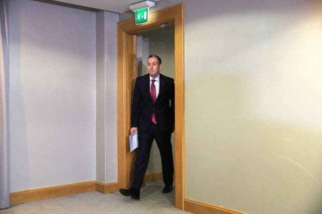 First Minister of Northern Ireland Paul Givan arrives at the Crowne Plaza Hotel, Belfast, ahead of his announcement 