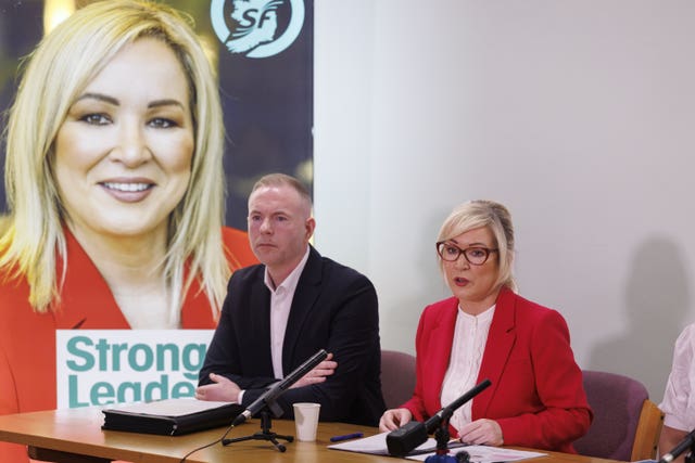 Sinn Fein vice president Michelle O’Neill, right, during the launch of the party’s reform proposals 