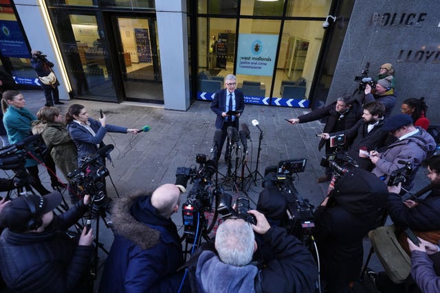 West Midlands police and crime commissioner Simon Foster making a statement to the media outside Lloyd House, the headquarters of West Midlands Police, in Birmingham