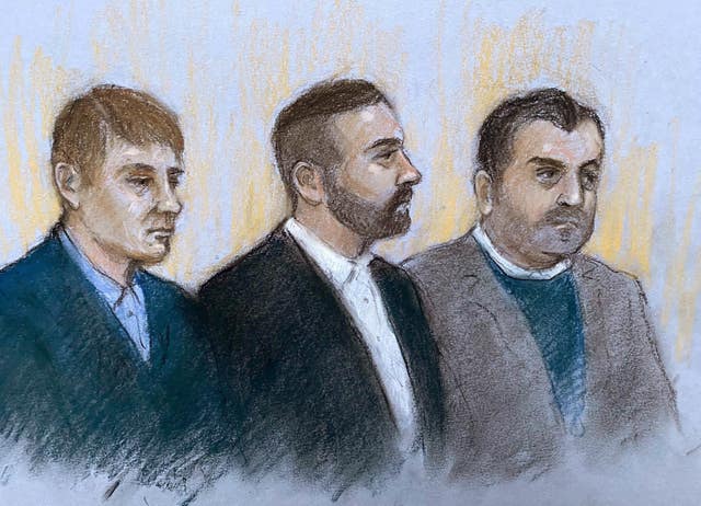 Court sketch of three men