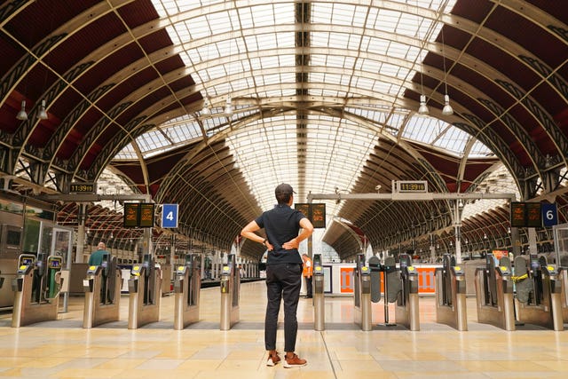 A general view of an empty platform at Paddington Station in London