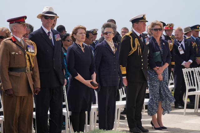 (left to right) Defence Attache Colonel James Torbert, Vice Admiral Sir Tim Laurence, ambassador to the Republic of Turkey Jill Morris, the Princess Royal, First Sea Lord and Chief of the Naval Staff Admiral Sir Ben Key and his wife Elly during the Service of Commemoration of the United Kingdom, Commonwealth and Ireland at the Cape Helles Memorial near Sedd el Bahr