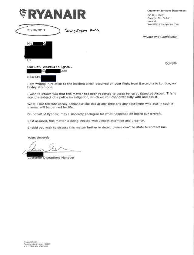 A letter issued by Ryanair from its customer services department to passenger, Delsie Gayle