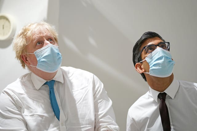 Prime Minister Boris Johnson (left) and Chancellor Rishi Sunak during a visit to the Kent Oncology Centre