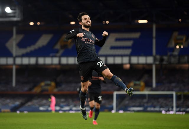 Bernardo Silva was on target when City won at Everton in the Premier League last month