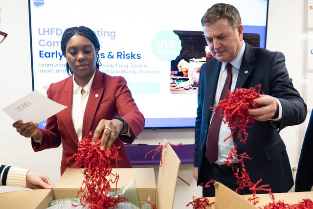 Kemi Badenoch with shadow chancellor Mel Stride during a visit to Promo Veritas in Pinner, north west London 