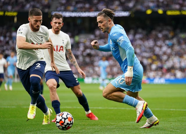 Jack Grealish (right) played the full duration of Manchester City's 1-0 defeat at Tottenham (Nick Potts/PA).