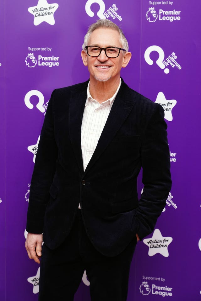 Gary Lineker in black jacket in front of purple background