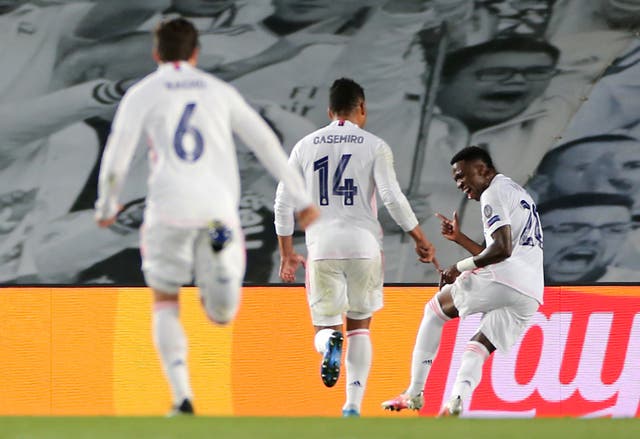 Vinicius Junior, right, celebrates scoring against Liverpool