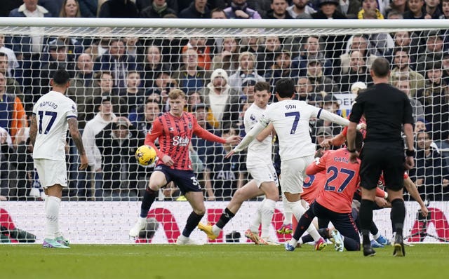 Son Heung-Min, number seven, scores Tottenham's second in a 2-1 home win against Everton as his side leap-frogged Manchester City into the top four 