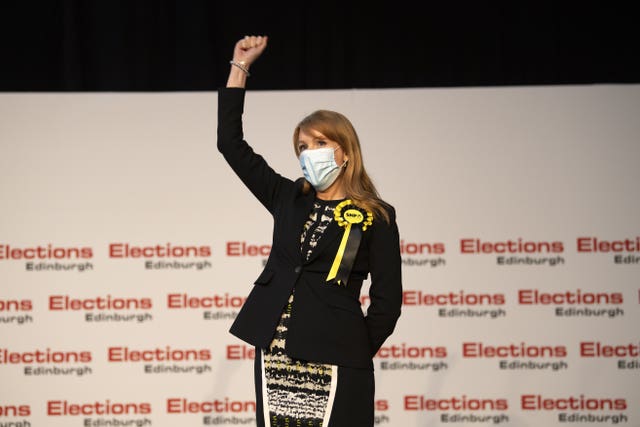 Ms Denham reacts as she holds her seat for the Scottish Parliamentary Elections at Ingliston Highland Centre, Edinburgh in 2021 