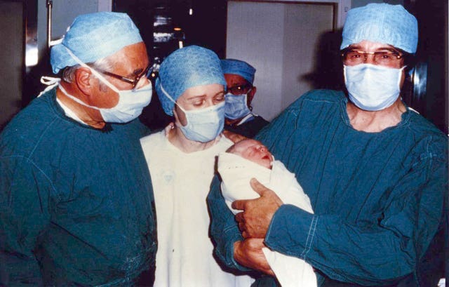 Gynaecologist Patrick Steptoe, embryologist Jean Purdy and physiologist Robert Edwards at the birth of Louise Brown in 1978