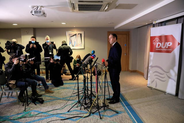 First Minister of Northern Ireland Paul Givan speaking to the media at the Crowne Plaza Hotel, Belfast, following his announcement that he will resign his post