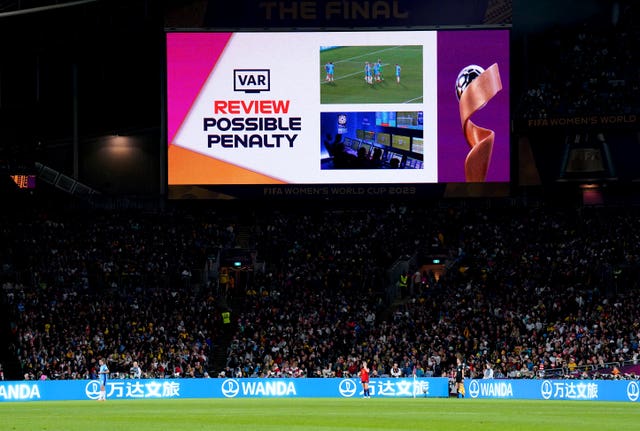 VAR checks for a possible penalty for a handball